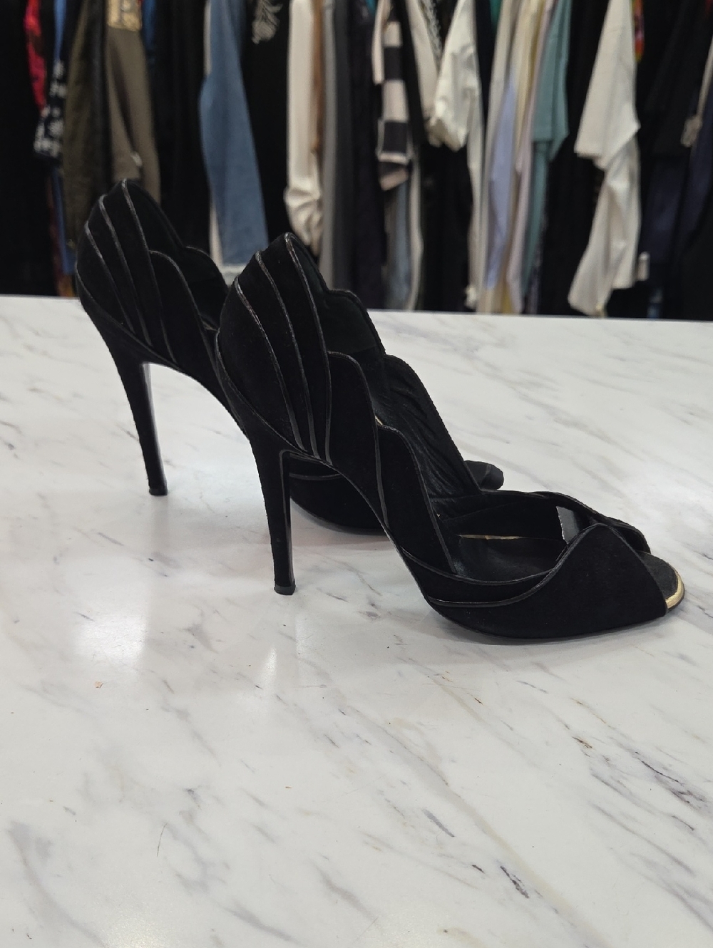 Fendi Black Suede Scalloped Open-Toe Stiletto Heels